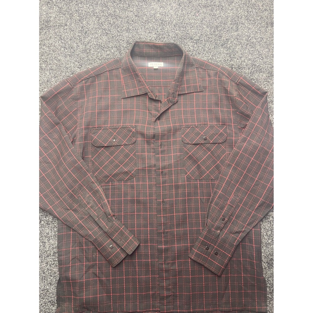 Ferera Mens XL Plaid Button Down Shirt Red Black Long Sleeve Chest Pockets